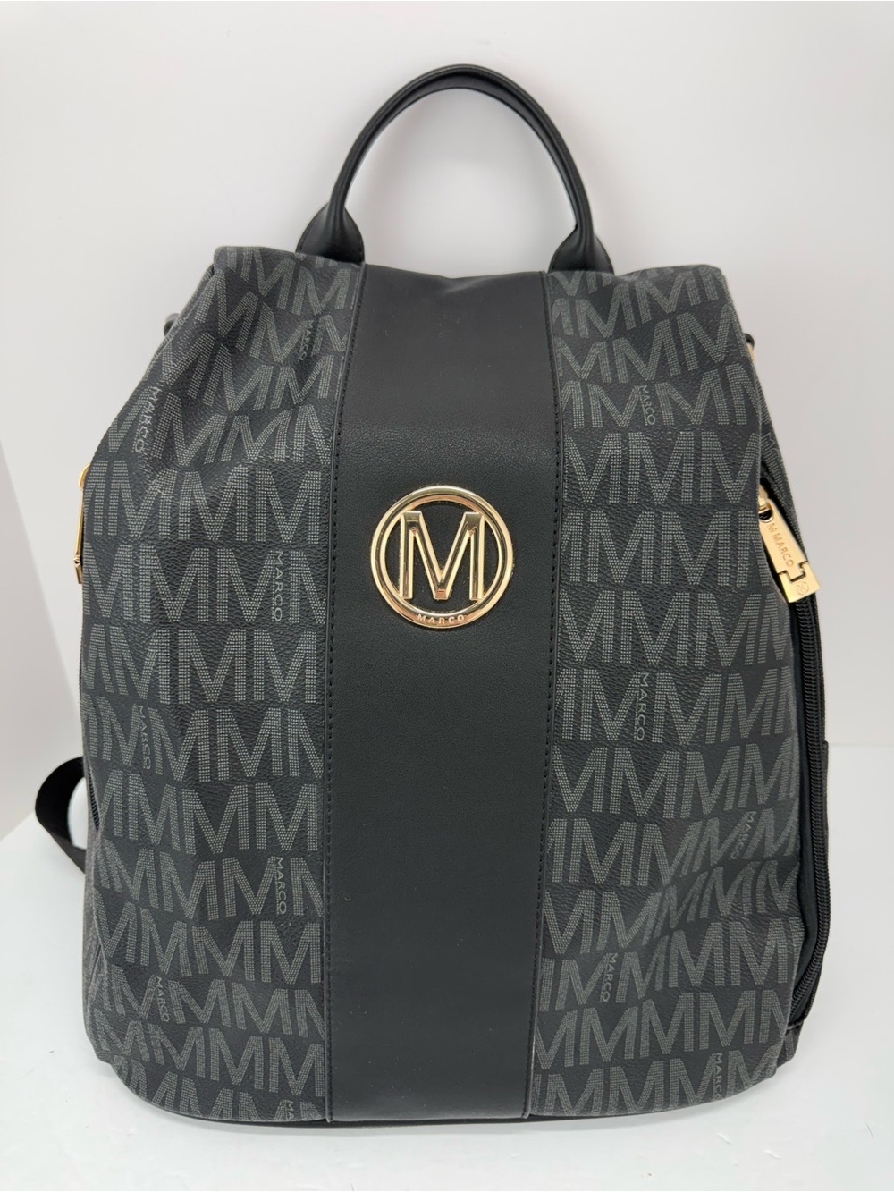 Marco By MKP Collection Black Gray Monogram Logo Vegan Faux Leather Backpack Bag